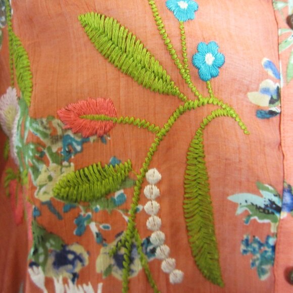 Soft Surroundings Size S Floral Embroidered Tunic Velvet Collar Orange Button Up - Picture 8 of 16